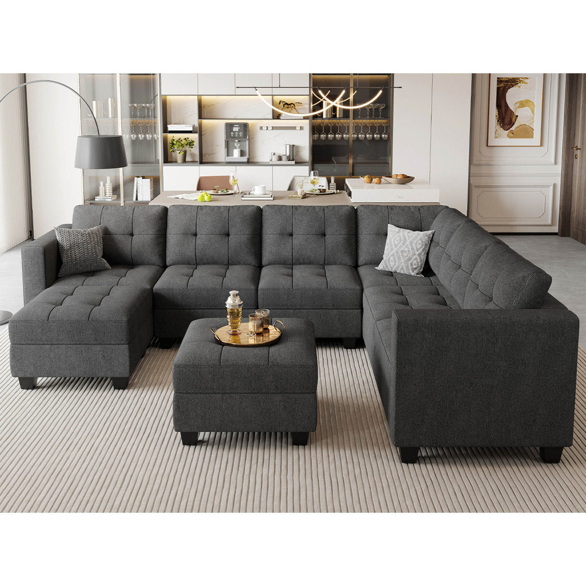 Ivery 116.6" Wide Linen Reversible Modular Sofa Living room Sectional Couch with Storage Ottoman