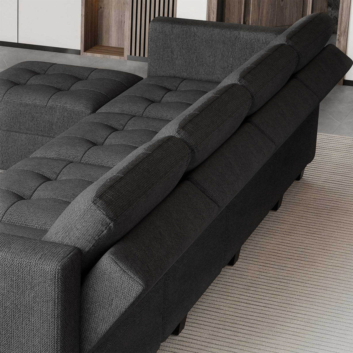 Ivery 116.6" Wide Linen Reversible Modular Sofa Living room Sectional Couch with Storage Ottoman