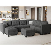 Ivery 116.6" Wide Linen Reversible Modular Sofa Living room Sectional Couch with Storage Ottoman
