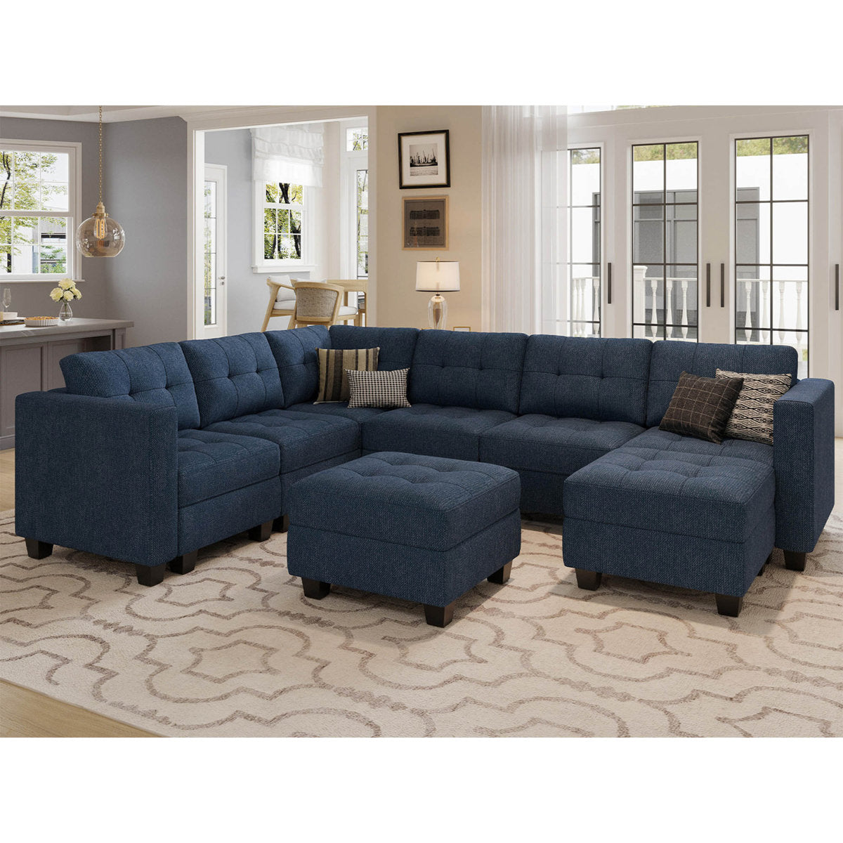 Ivery 116.6" Wide Linen Reversible Modular Sofa Living room Sectional Couch with Storage Ottoman