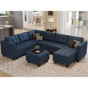 Ivery 116.6" Wide Linen Reversible Modular Sofa Living room Sectional Couch with Storage Ottoman