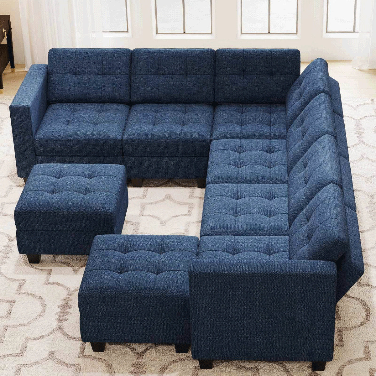 Ivery 116.6" Wide Linen Reversible Modular Sofa Living room Sectional Couch with Storage Ottoman