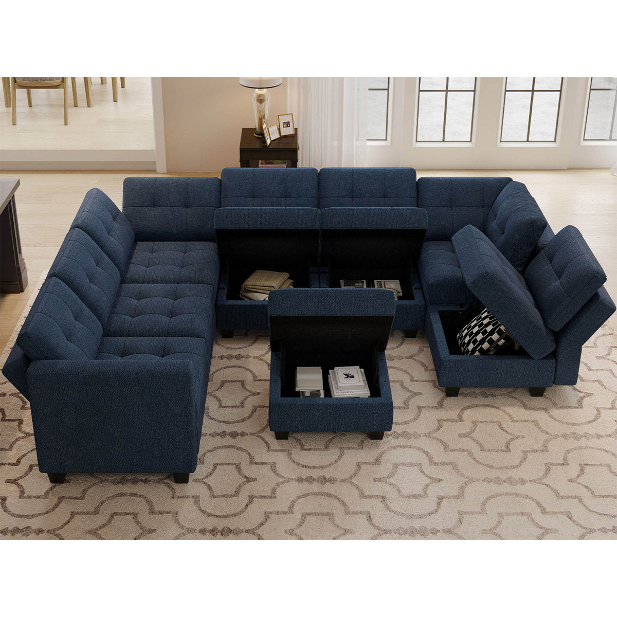 Ivery 116.6" Wide Linen Reversible Modular Sofa Living room Sectional Couch with Storage Ottoman