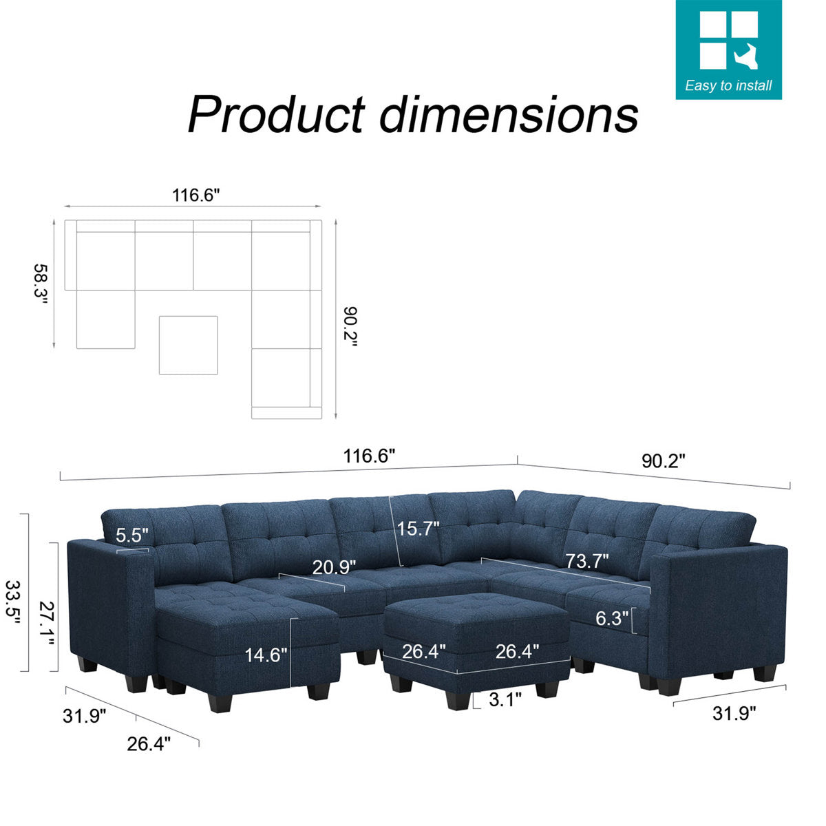 Ivery 116.6" Wide Linen Reversible Modular Sofa Living room Sectional Couch with Storage Ottoman