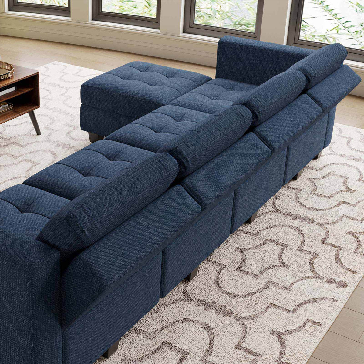 Ivery 116.6" Wide Linen Reversible Modular Sofa Living room Sectional Couch with Storage Ottoman