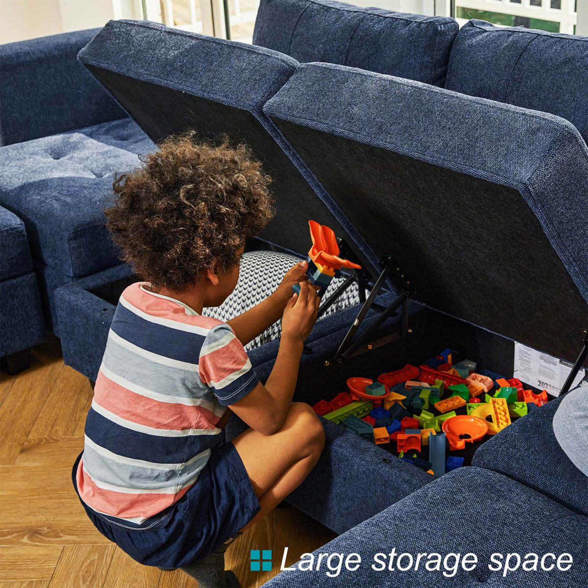 Ivery 116.6" Wide Linen Reversible Modular Sofa Living room Sectional Couch with Storage Ottoman