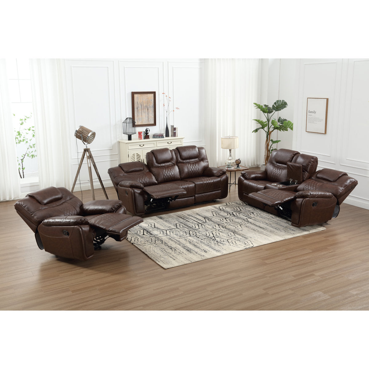 Jepum 3 - Piece Genuine Leather Manual Reclining Living Room Set with Cupholder & Storage
