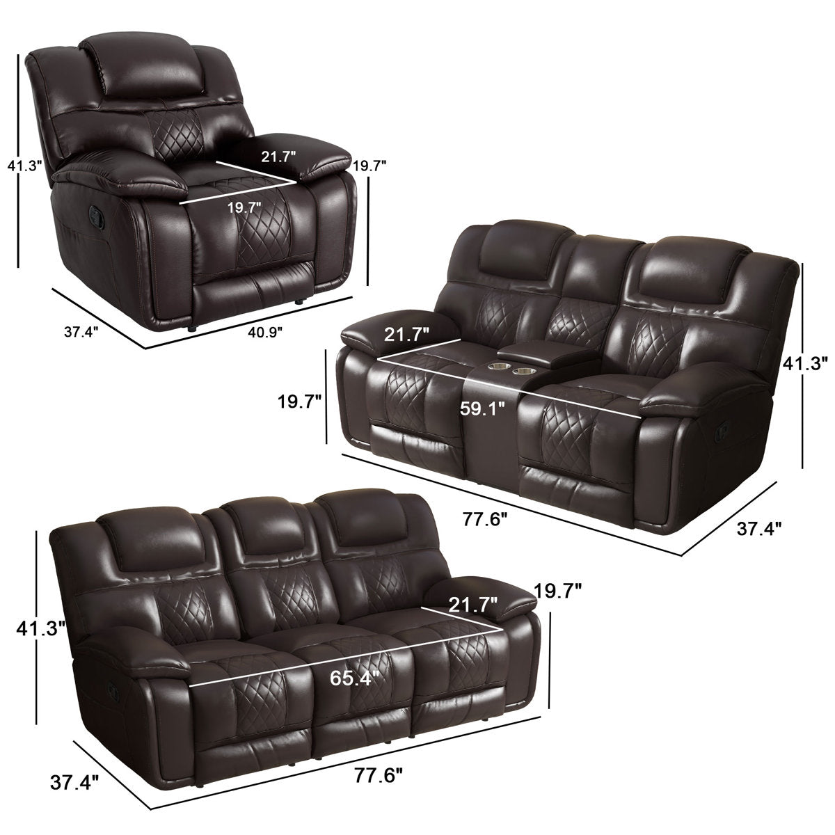 Jepum 3 - Piece Genuine Leather Manual Reclining Living Room Set with Cupholder & Storage