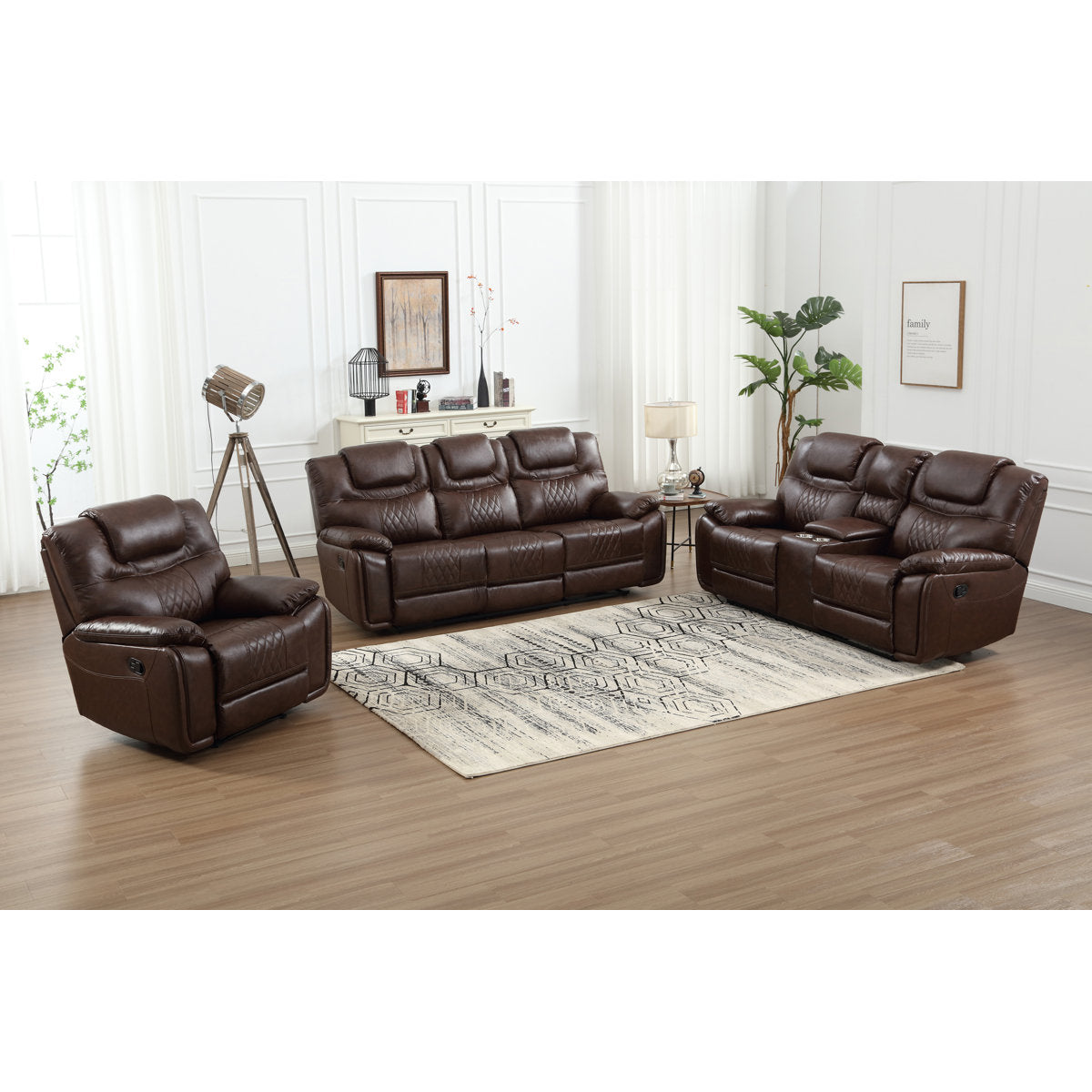 Jepum 3 - Piece Genuine Leather Manual Reclining Living Room Set with Cupholder & Storage