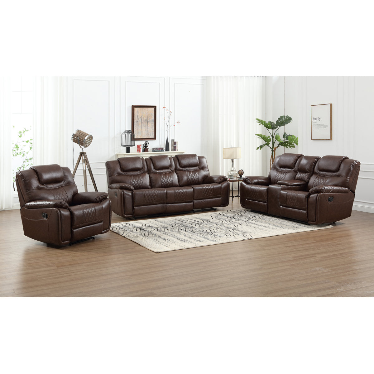 Jepum 3 - Piece Genuine Leather Manual Reclining Living Room Set with Cupholder & Storage