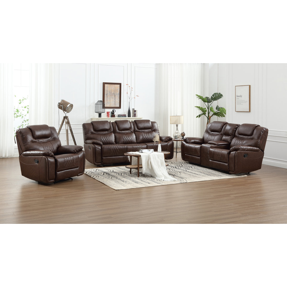 Jepum 3 - Piece Genuine Leather Manual Reclining Living Room Set with Cupholder & Storage