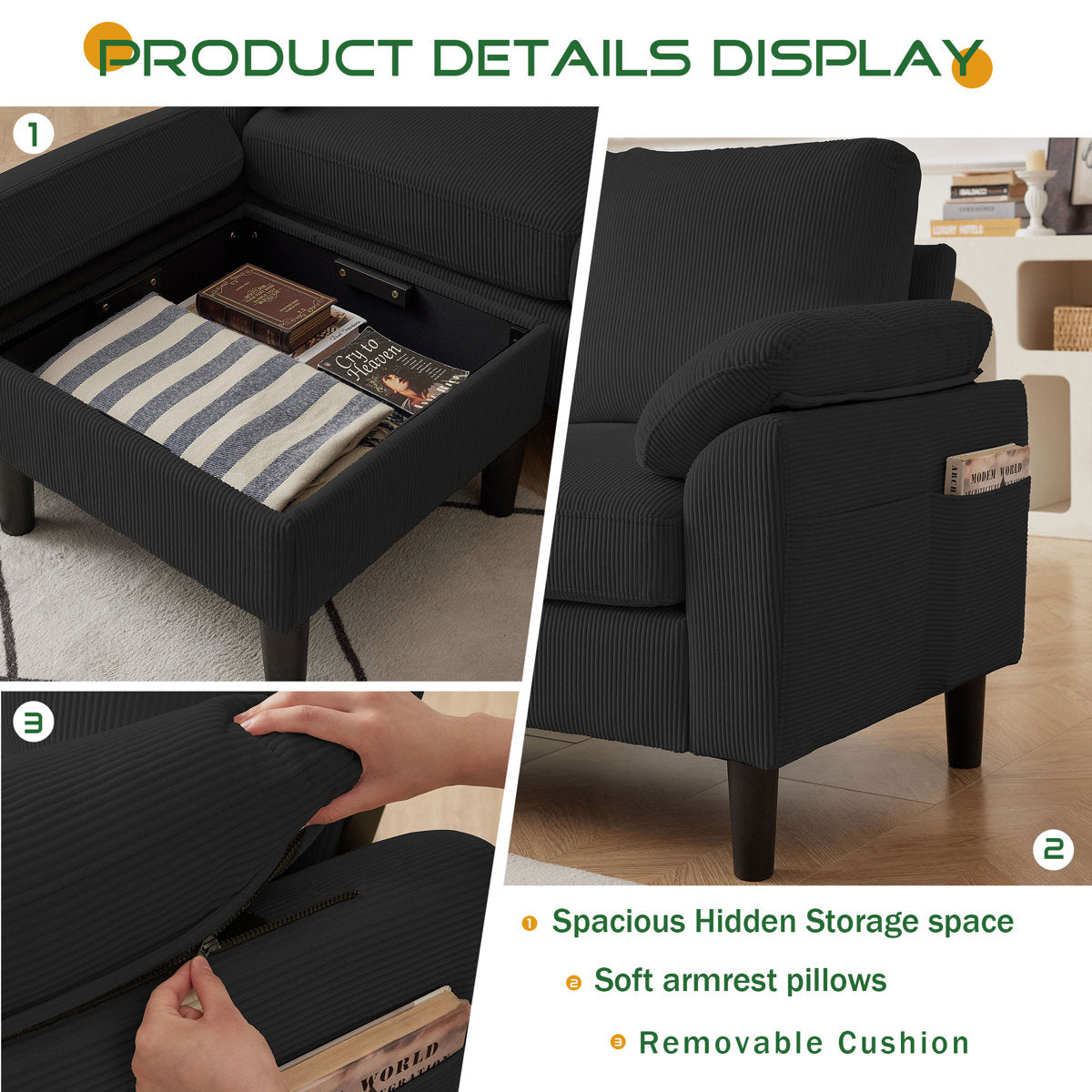 Juliani  Corduroy 3 Piece Living Room Set