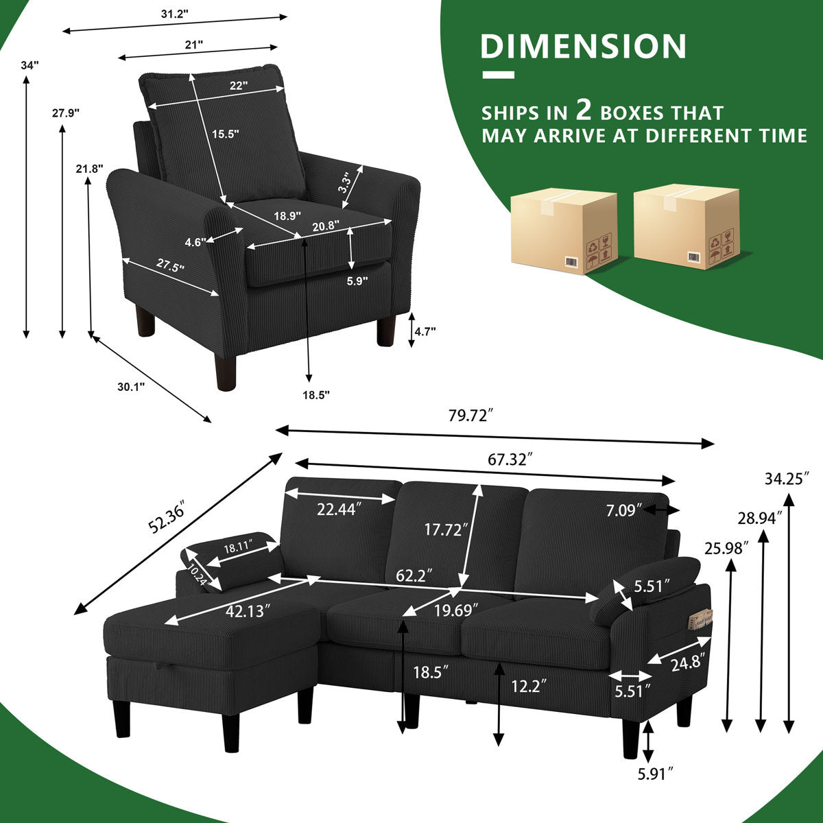 Juliani  Corduroy 3 Piece Living Room Set