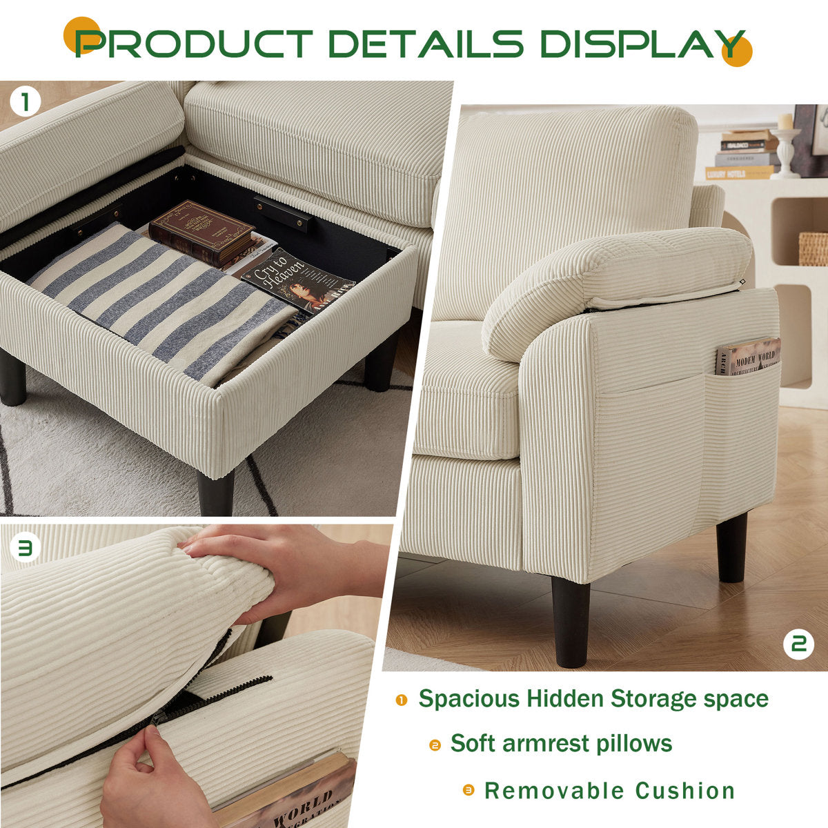 Juliani  Corduroy 3 Piece Living Room Set