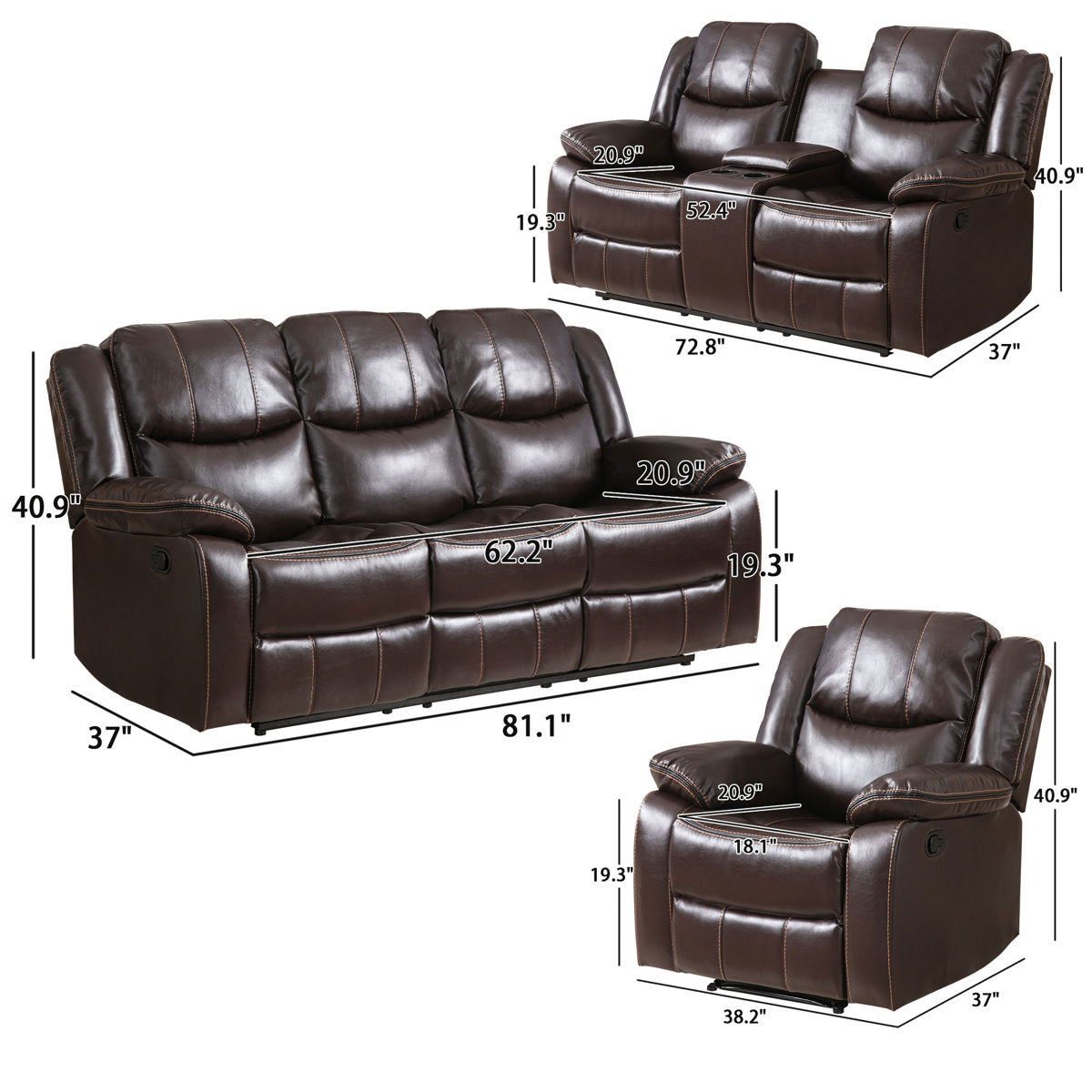 Kamarli 3 Piece Leather Manual Reclining Living Room Set with Pillow Top Armrest