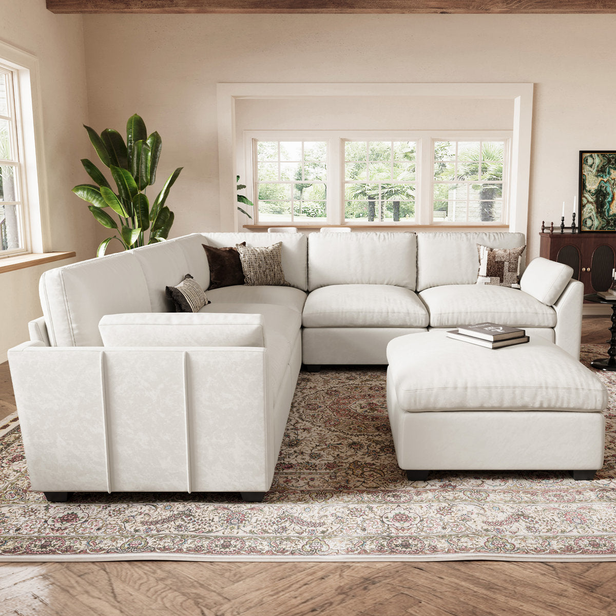 Knaack Velvet 4-Seat L Shaped Corner Sofa Sectional Couch With Ottoman