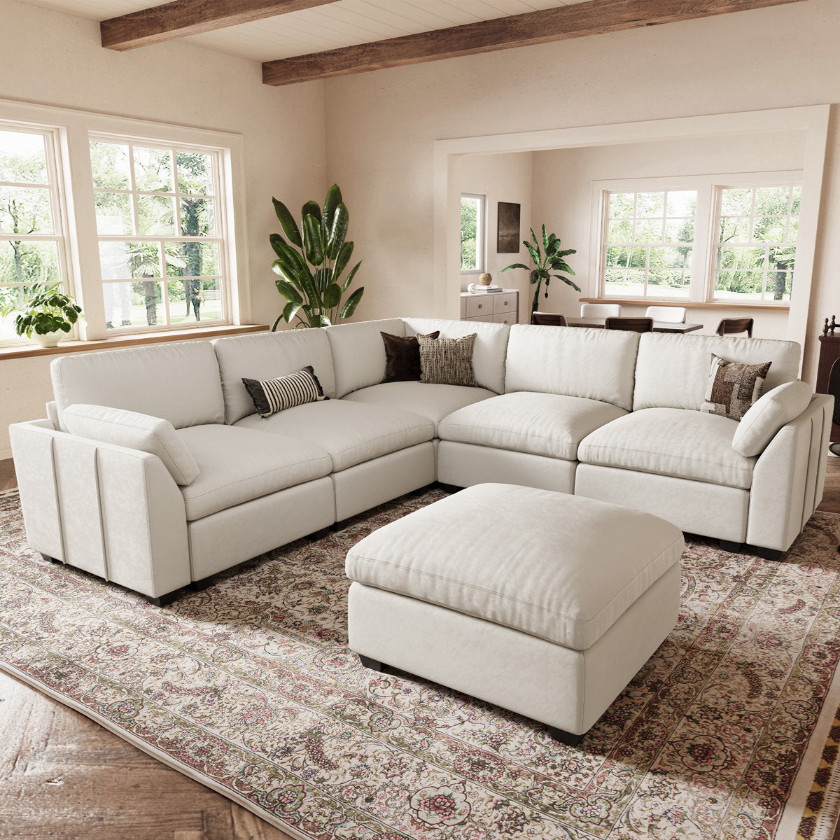 Knaack Velvet 4-Seat L Shaped Corner Sofa Sectional Couch With Ottoman