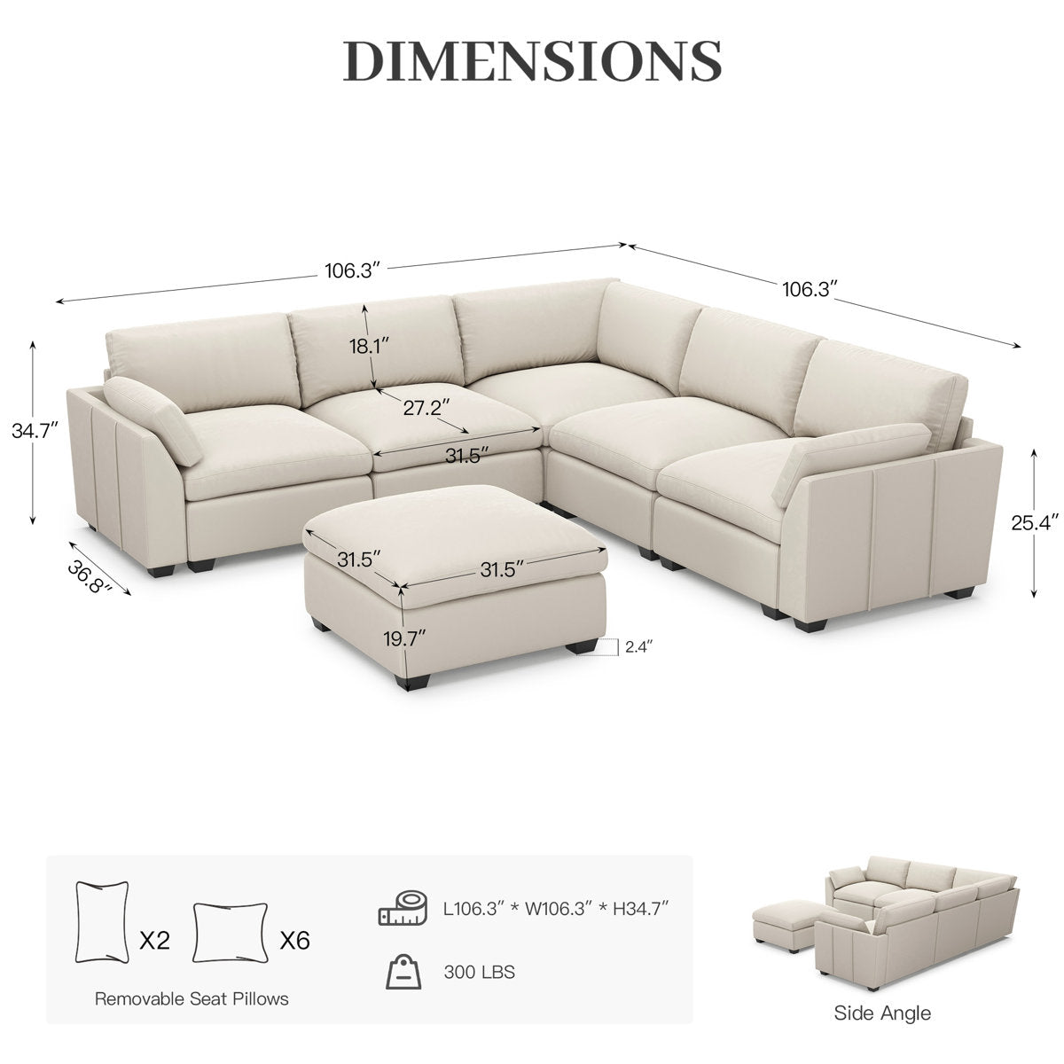 Knaack Velvet 4-Seat L Shaped Corner Sofa Sectional Couch With Ottoman