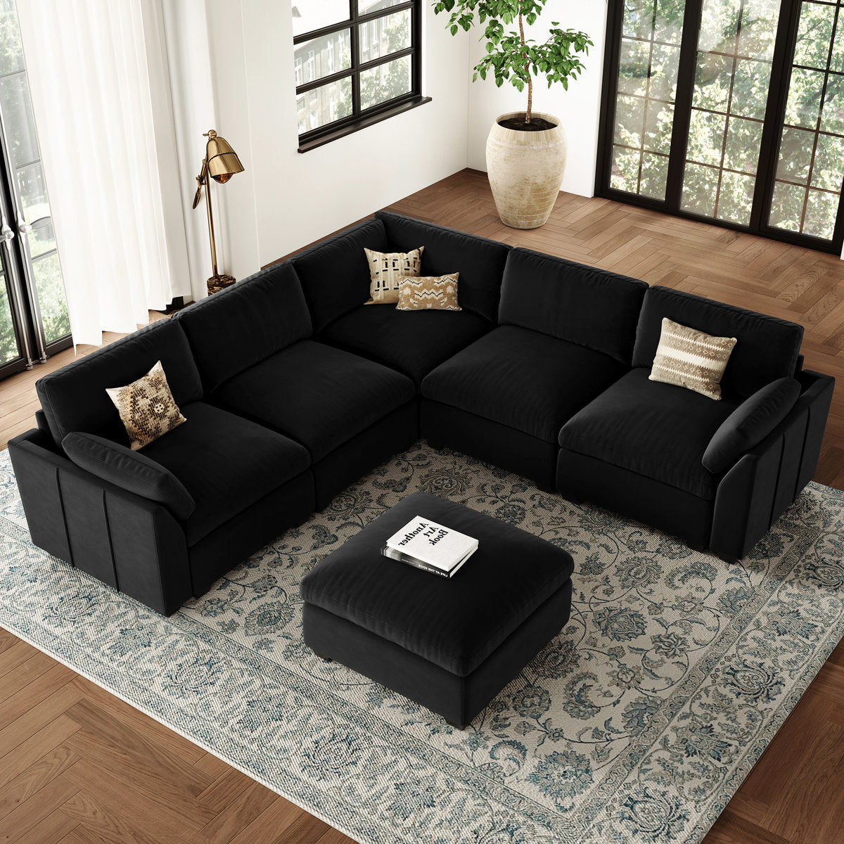 Knaack Velvet 4-Seat L Shaped Corner Sofa Sectional Couch With Ottoman