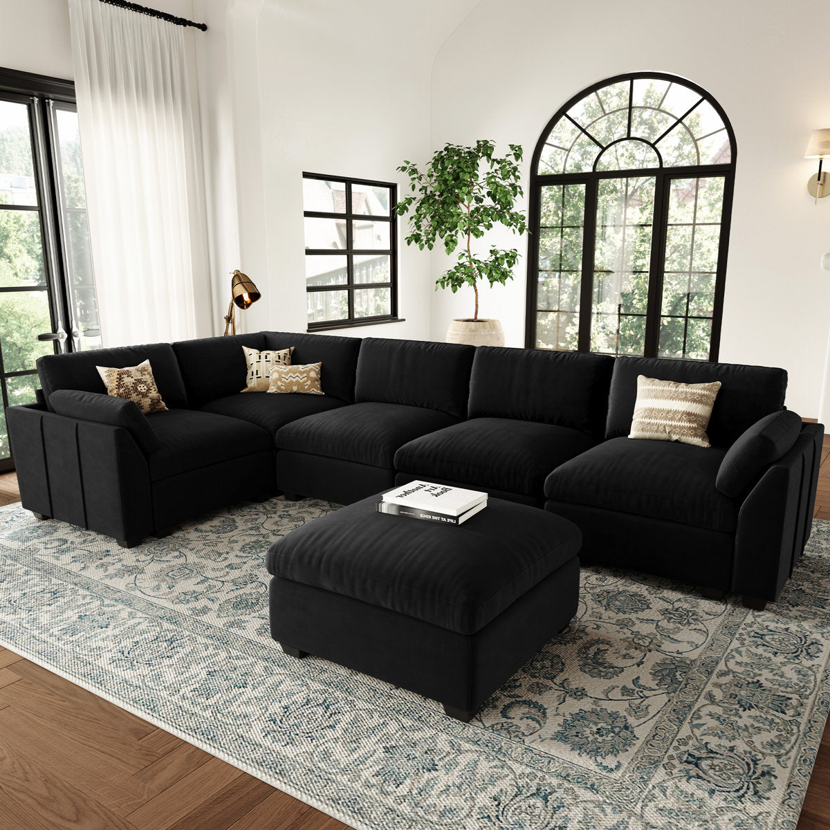 Knaack Velvet 4-Seat L Shaped Corner Sofa Sectional Couch With Ottoman