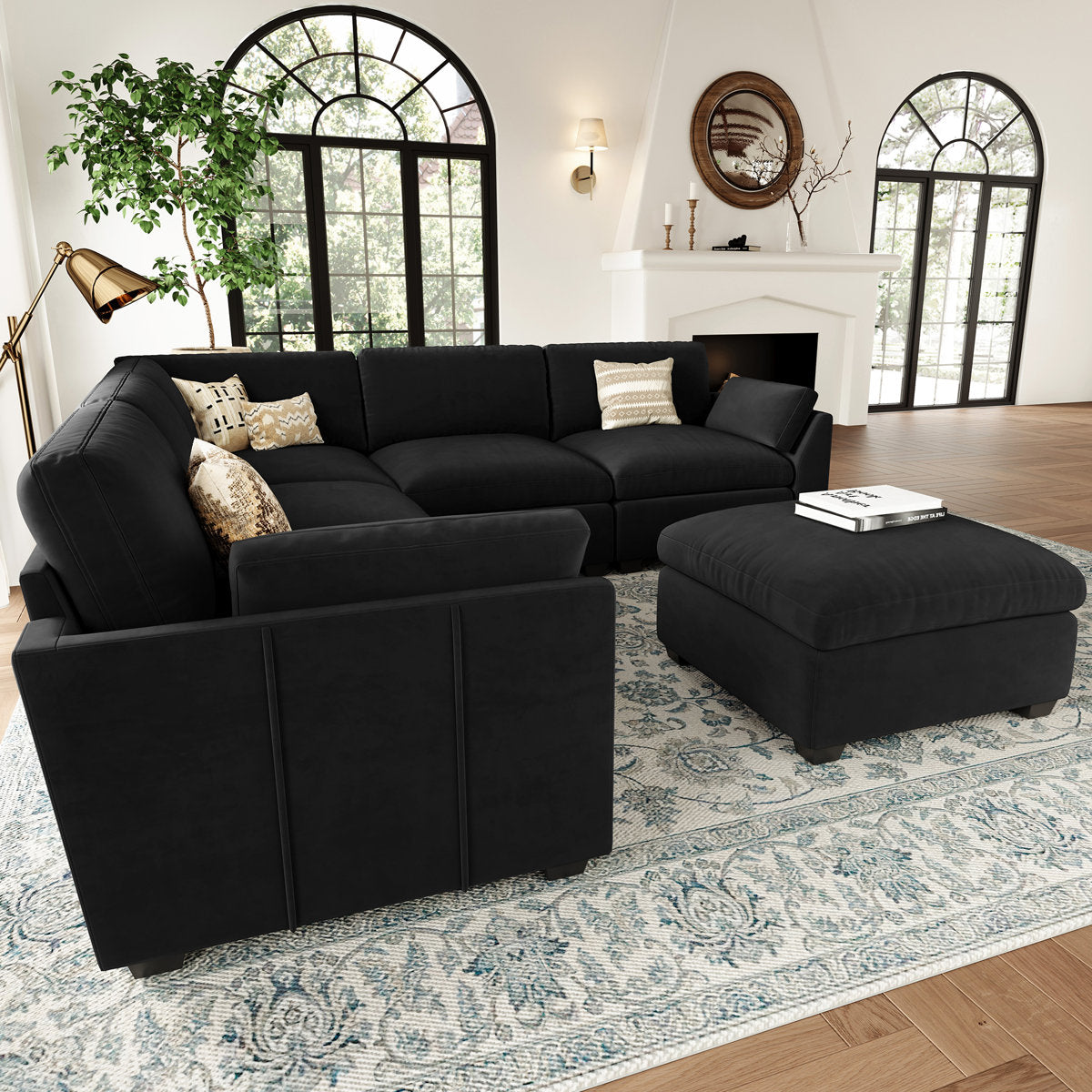 Knaack Velvet 4-Seat L Shaped Corner Sofa Sectional Couch With Ottoman