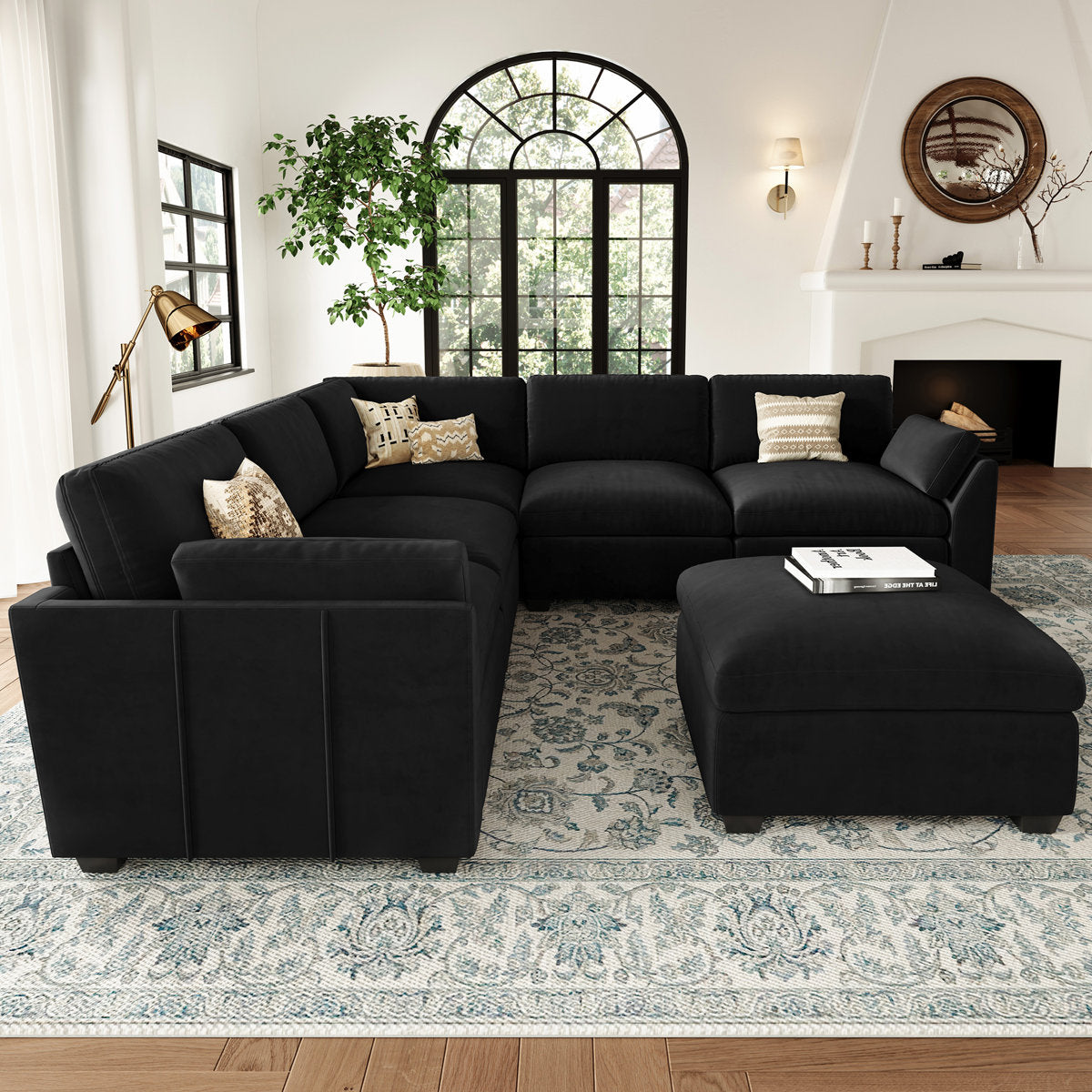 Knaack Velvet 4-Seat L Shaped Corner Sofa Sectional Couch With Ottoman