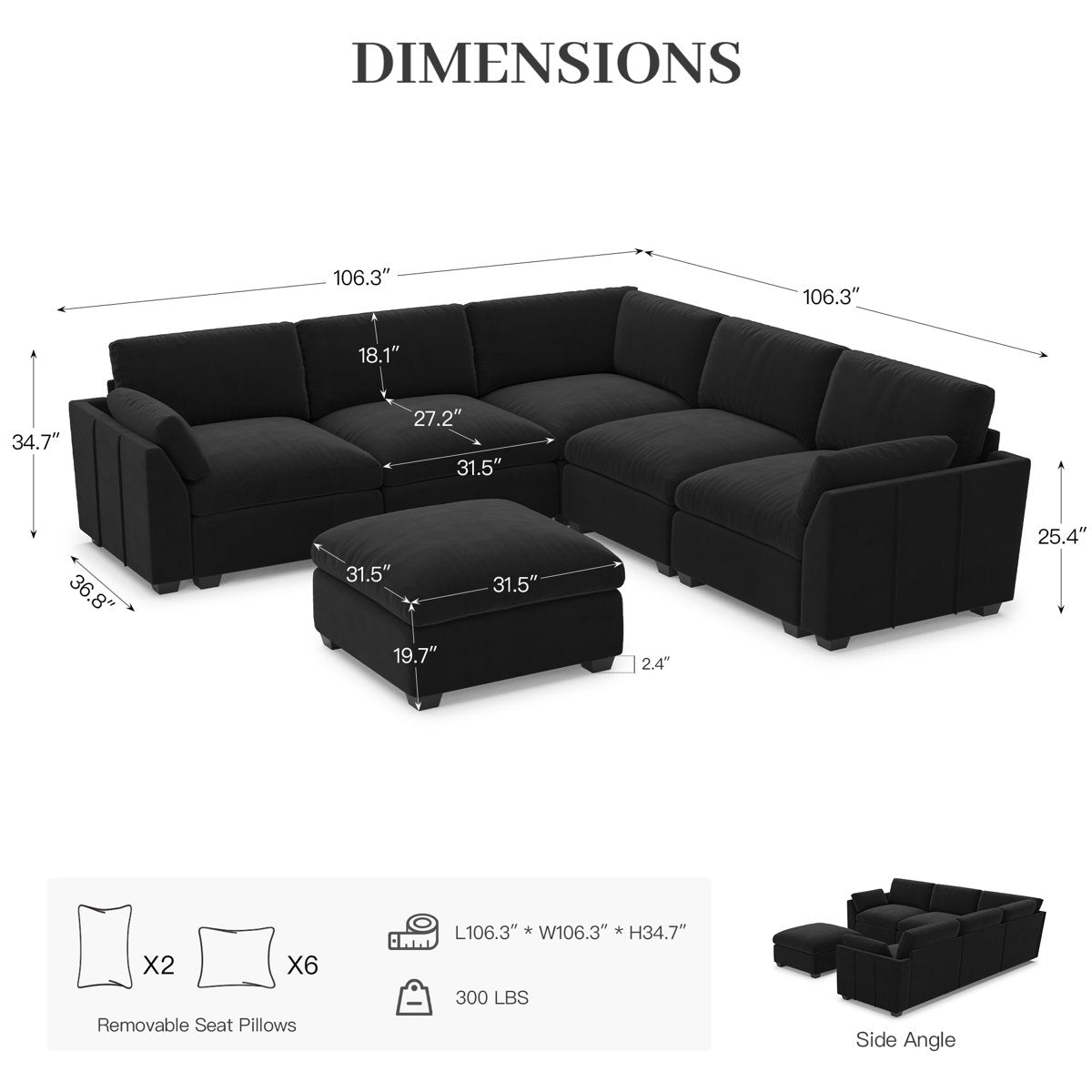 Knaack Velvet 4-Seat L Shaped Corner Sofa Sectional Couch With Ottoman