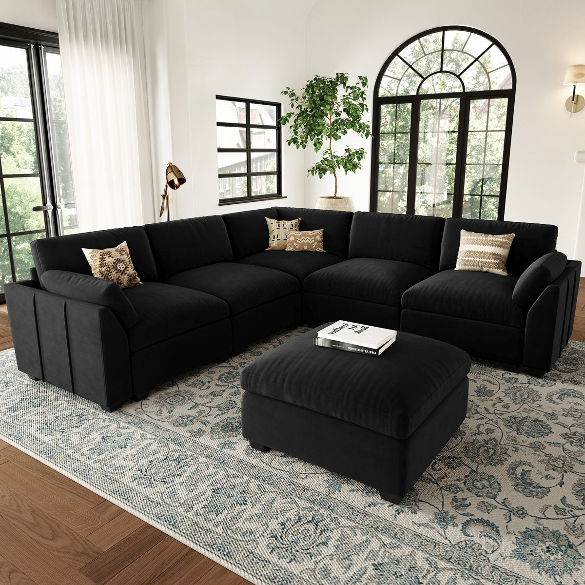 Knaack Velvet 4-Seat L Shaped Corner Sofa Sectional Couch With Ottoman