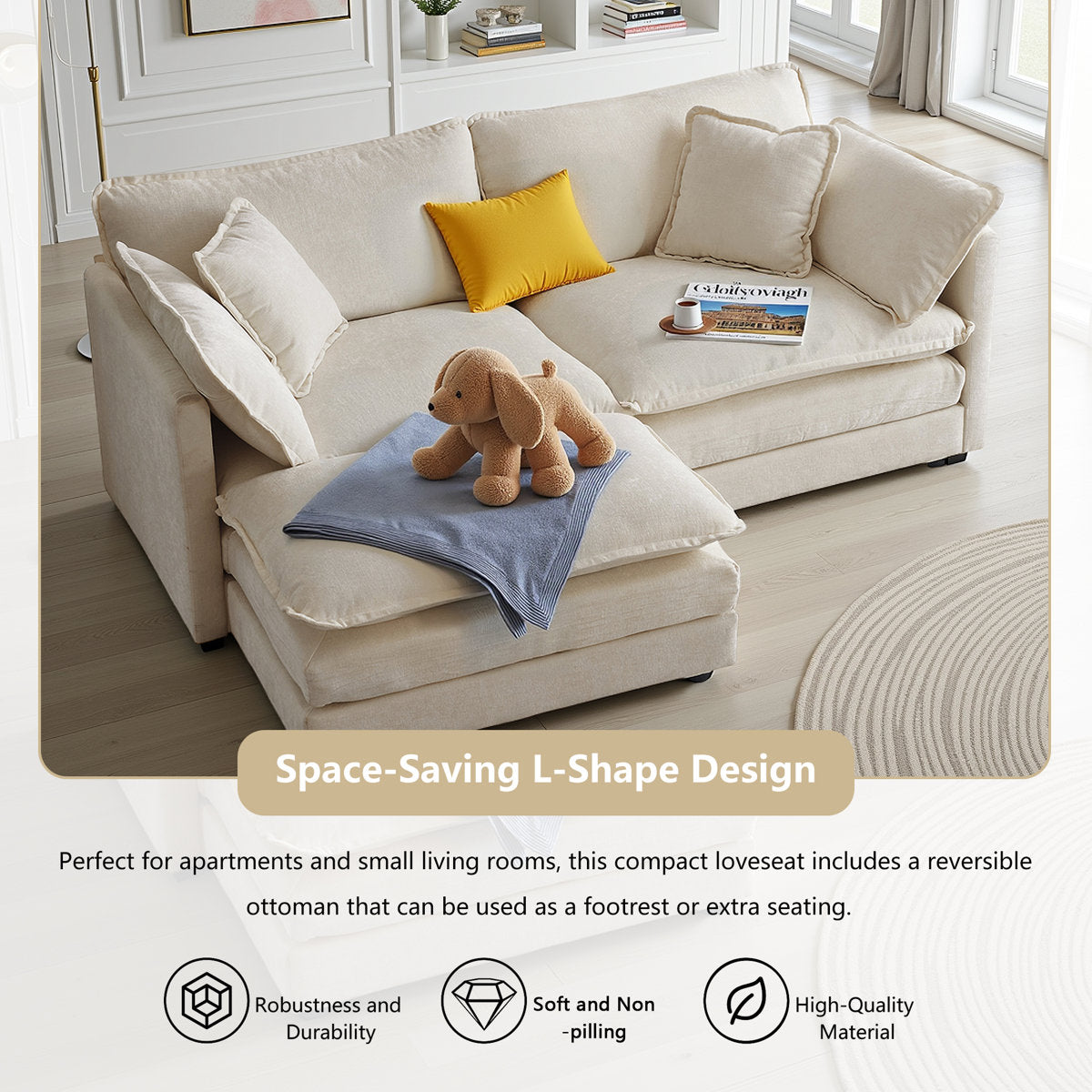 L-Shaped Chenille Sectional Sofa with Ottoman - 2-Seater Loveseat for Small Spaces, Breathable Fabric & Easy Assembly