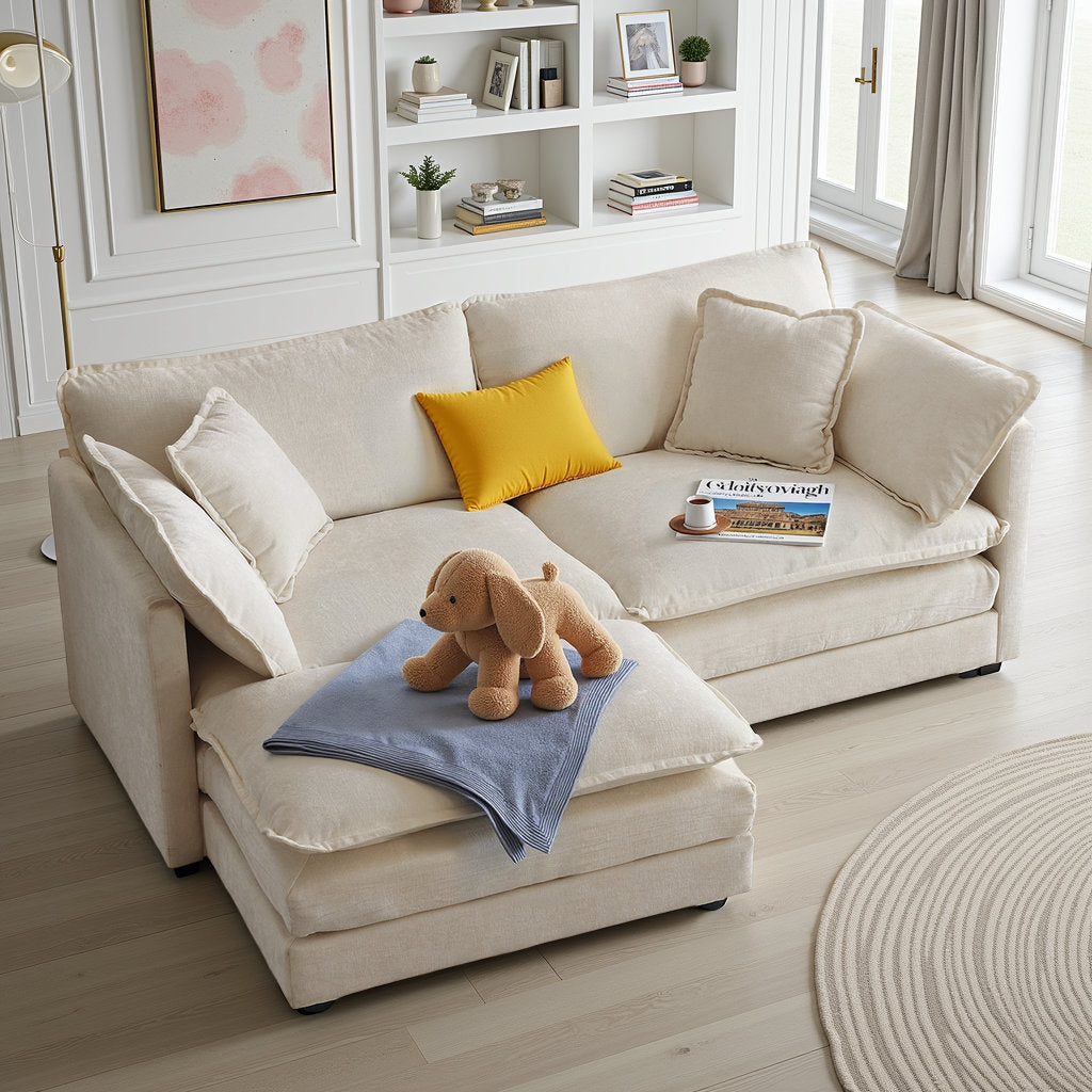 L-Shaped Chenille Sectional Sofa with Ottoman - 2-Seater Loveseat for Small Spaces, Breathable Fabric & Easy Assembly