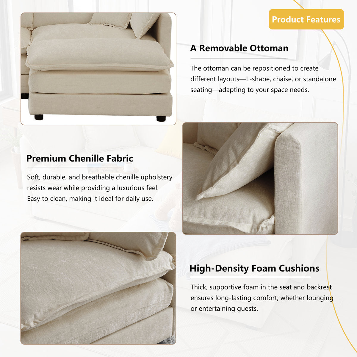 L-Shaped Chenille Sectional Sofa with Ottoman - 2-Seater Loveseat for Small Spaces, Breathable Fabric & Easy Assembly