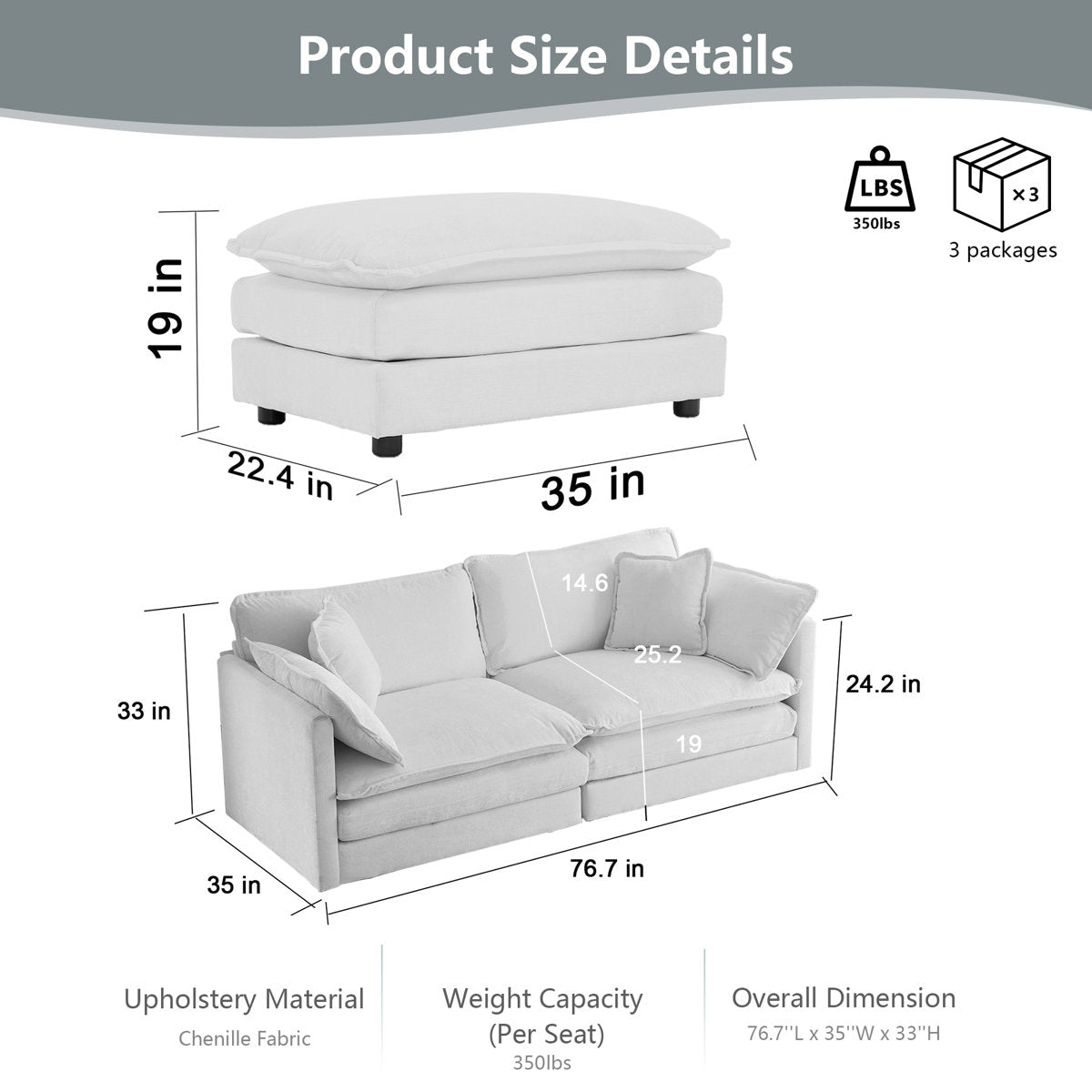 L-Shaped Chenille Sectional Sofa with Ottoman - 2-Seater Loveseat for Small Spaces, Breathable Fabric & Easy Assembly