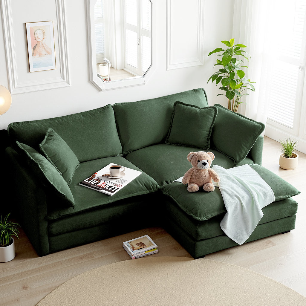 L-Shaped Chenille Sectional Sofa with Ottoman - 2-Seater Loveseat for Small Spaces, Breathable Fabric & Easy Assembly