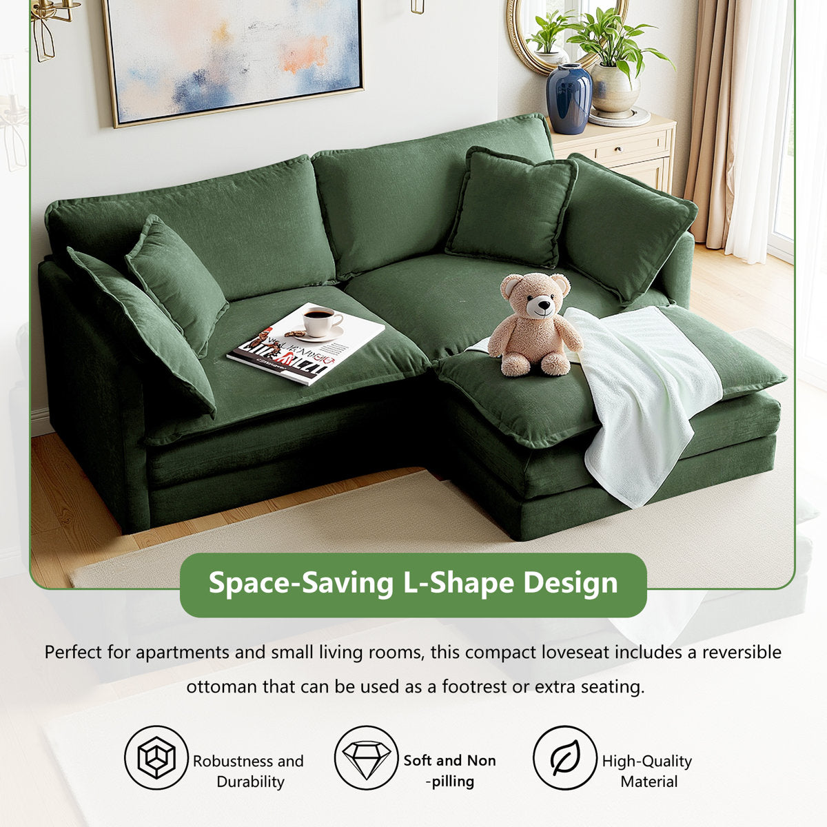 L-Shaped Chenille Sectional Sofa with Ottoman - 2-Seater Loveseat for Small Spaces, Breathable Fabric & Easy Assembly