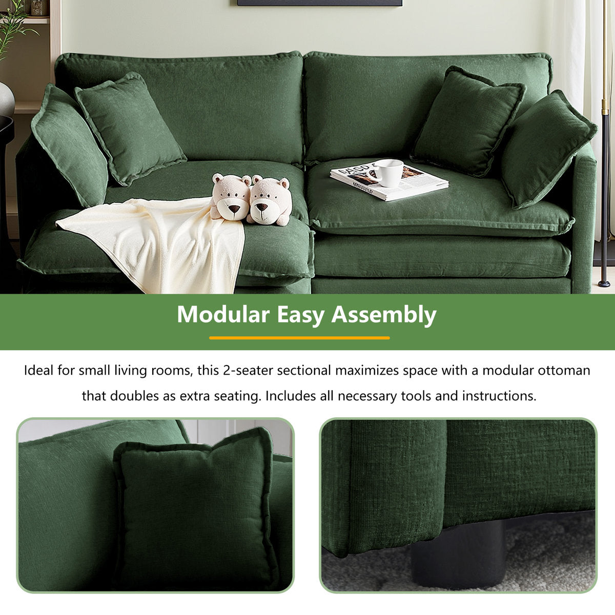 L-Shaped Chenille Sectional Sofa with Ottoman - 2-Seater Loveseat for Small Spaces, Breathable Fabric & Easy Assembly