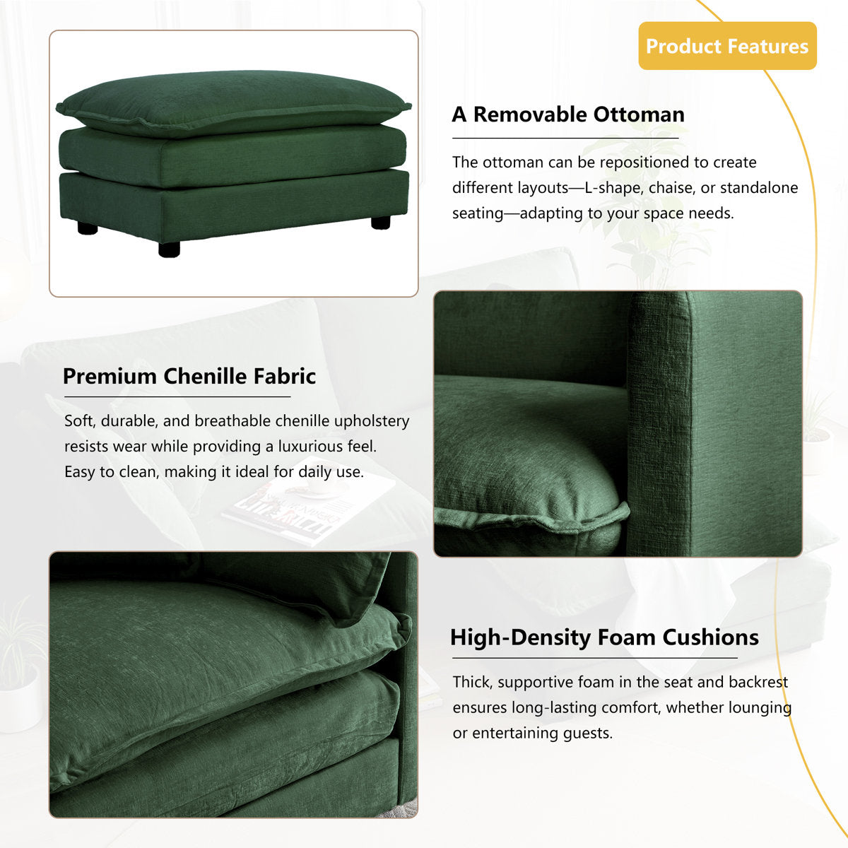 L-Shaped Chenille Sectional Sofa with Ottoman - 2-Seater Loveseat for Small Spaces, Breathable Fabric & Easy Assembly