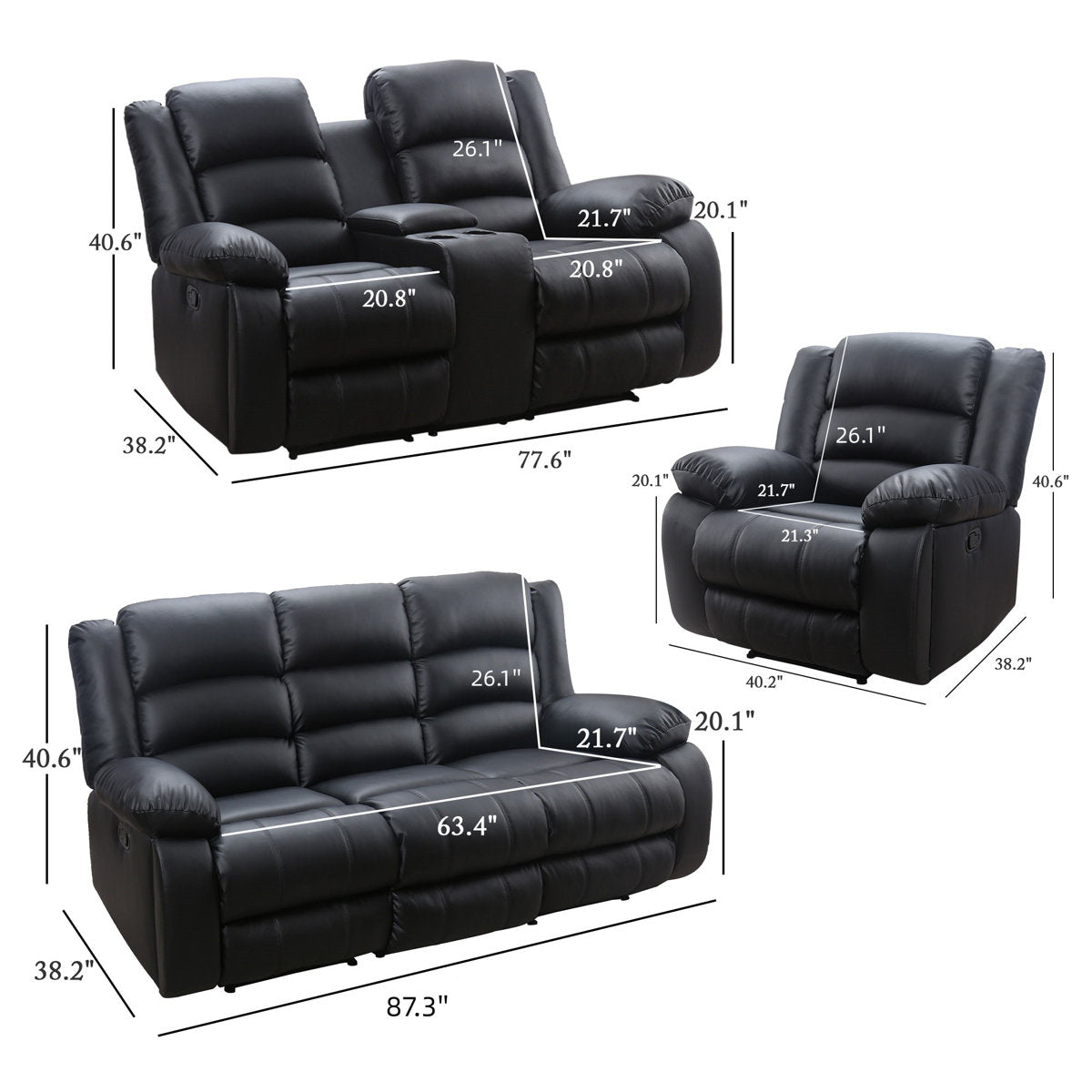 Lamyiah 3-Piece Soft Faux Leather Manual Reclining Living Room Set with Cup Holders and Console