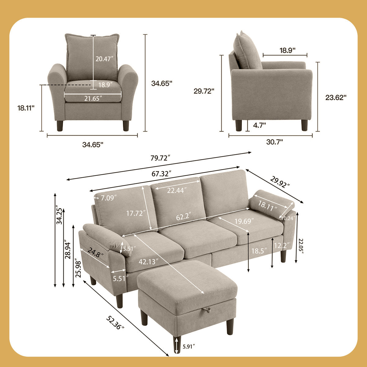 Lezley 79.92" Wide 3 Piece  Living Room Set with Storage Sofa and Chair