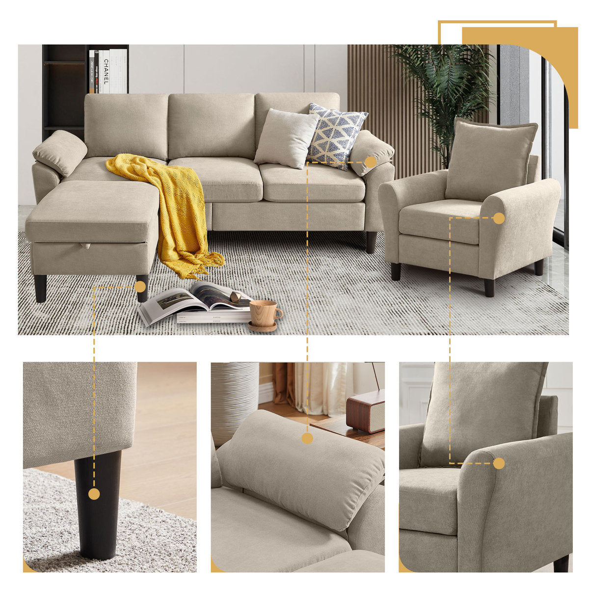 Lezley 79.92" Wide 3 Piece  Living Room Set with Storage Sofa and Chair