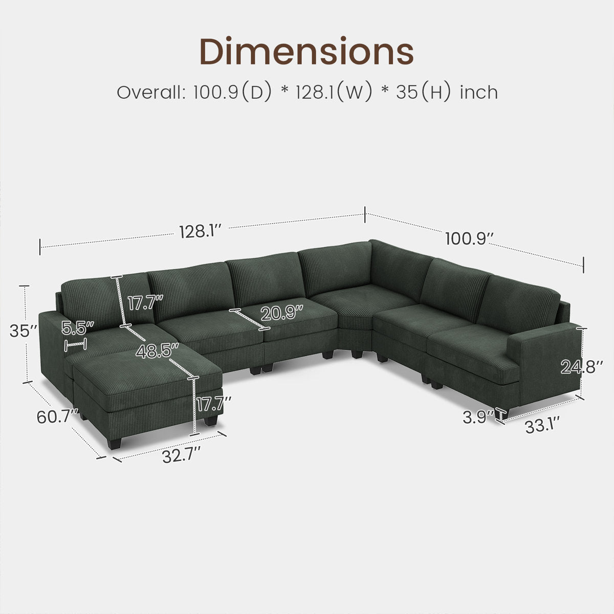 Maureece U Shaped Corduroy Sectional Modular Sofa With Chaise