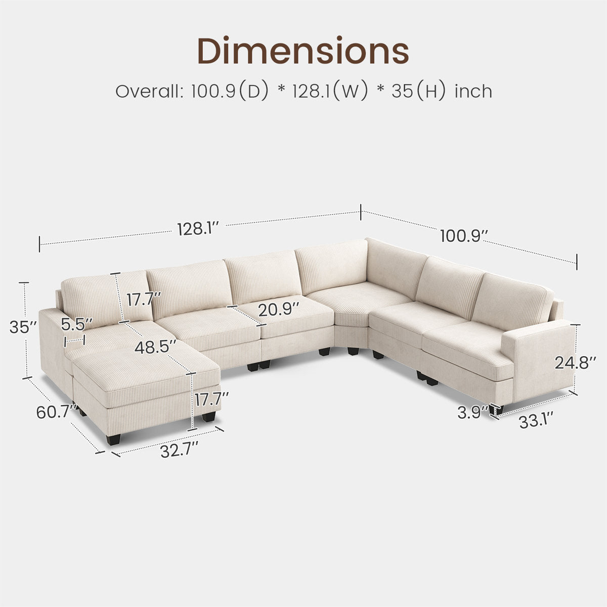 Maureece U Shaped Corduroy Sectional Modular Sofa With Chaise