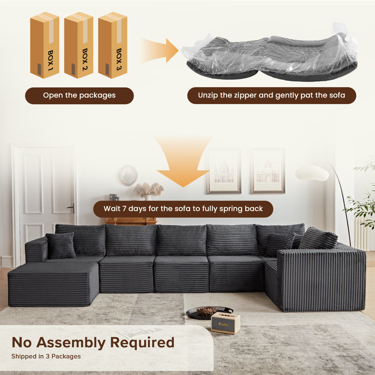 Modular Cloud Sectional Sofa With U-Shape Chaise, Cloud Couch Sectional With Deep Seat & Plush Corduroy Fabric, No Assembly Needed Upholstered Couches For Living Room, Bedroom