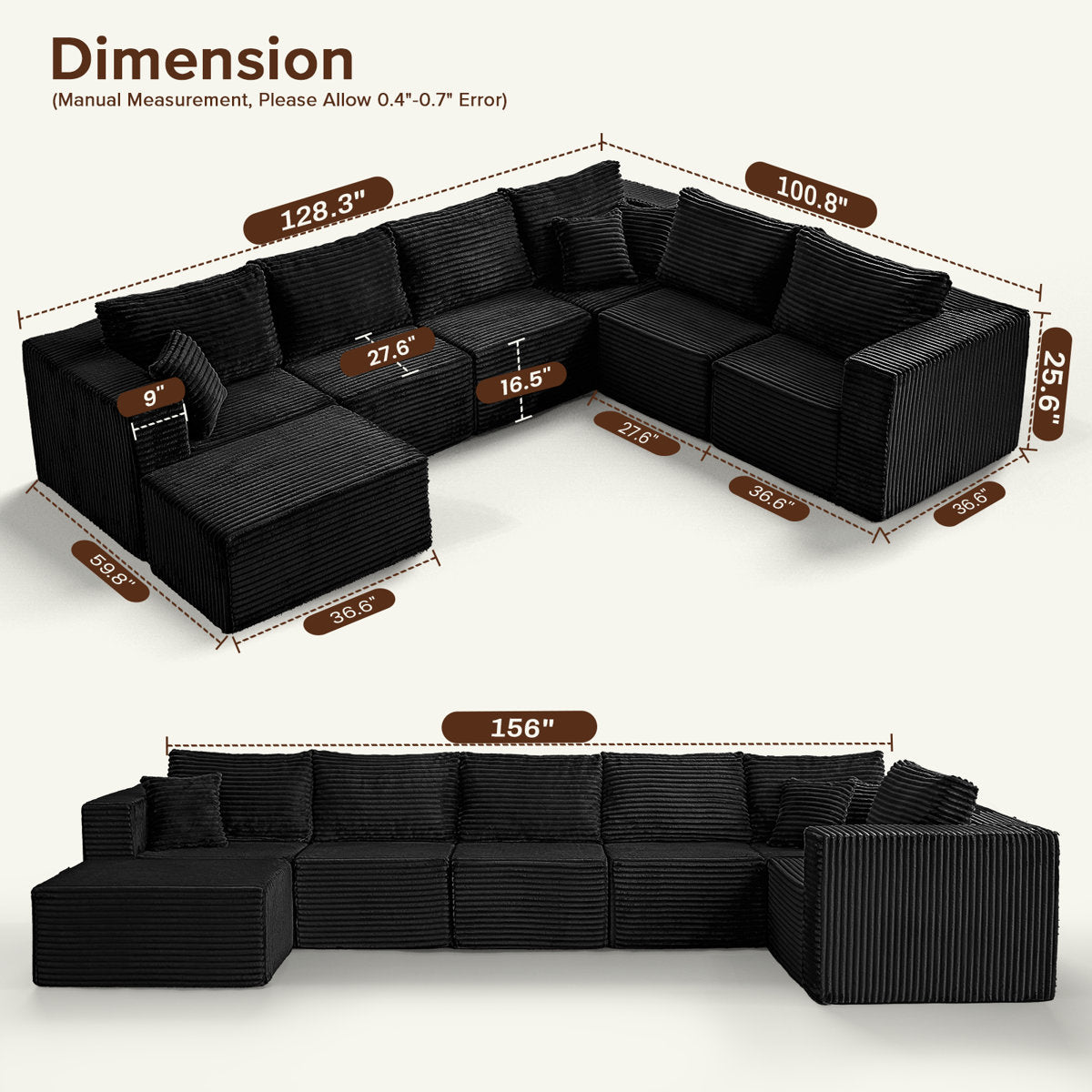 Modular Cloud Sectional Sofa With U-Shape Chaise, Cloud Couch Sectional With Deep Seat & Plush Corduroy Fabric, No Assembly Needed Upholstered Couches For Living Room, Bedroom