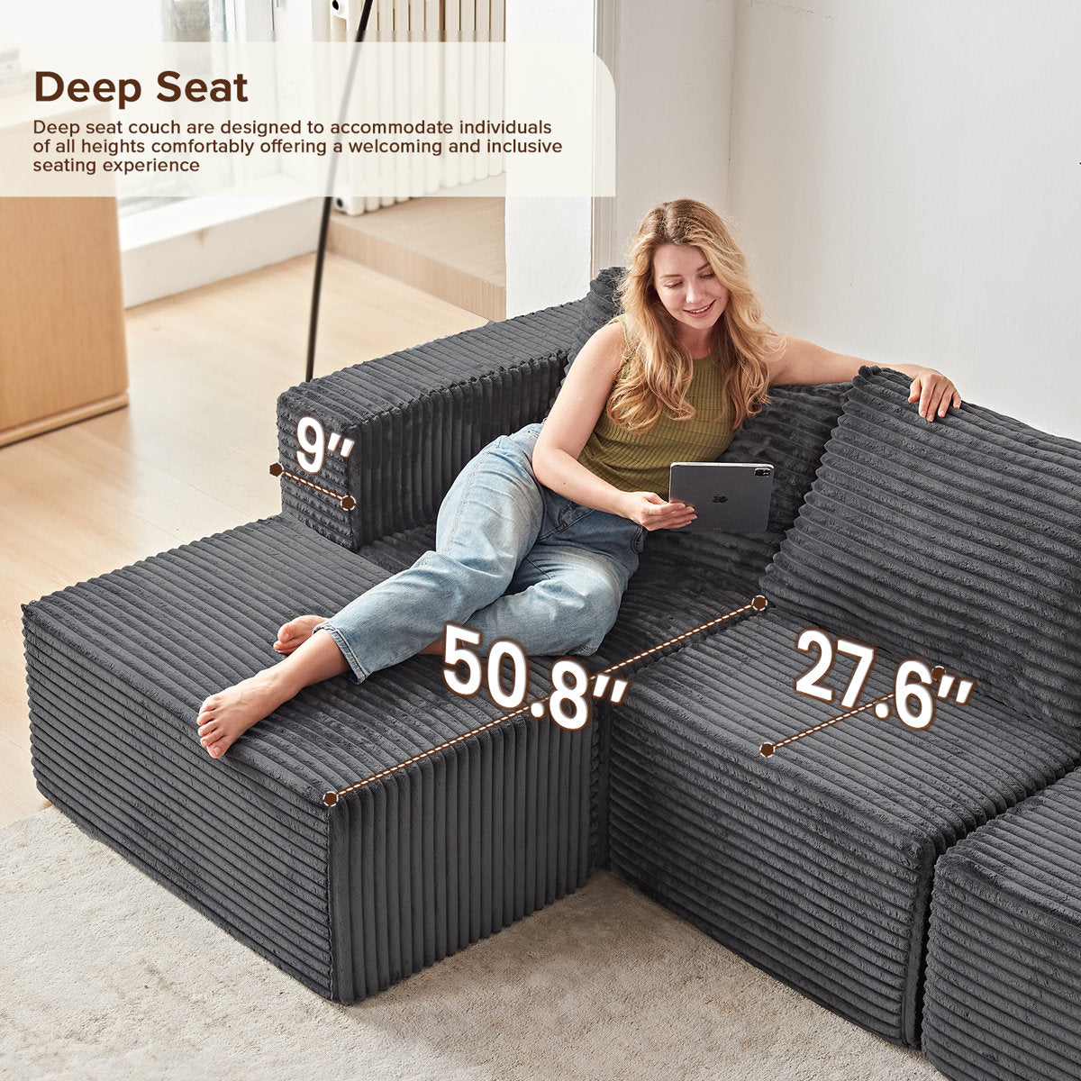 Modular Cloud Sectional Sofa With U-Shape Chaise, Cloud Couch Sectional With Deep Seat & Plush Corduroy Fabric, No Assembly Needed Upholstered Couches For Living Room, Bedroom