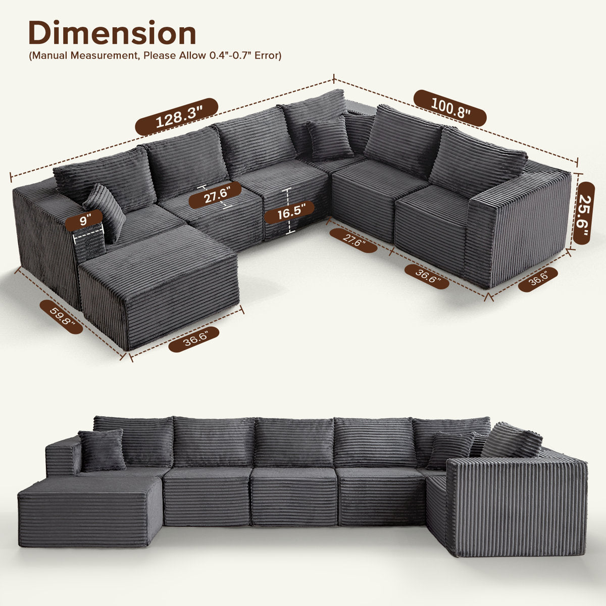 Modular Cloud Sectional Sofa With U-Shape Chaise, Cloud Couch Sectional With Deep Seat & Plush Corduroy Fabric, No Assembly Needed Upholstered Couches For Living Room, Bedroom