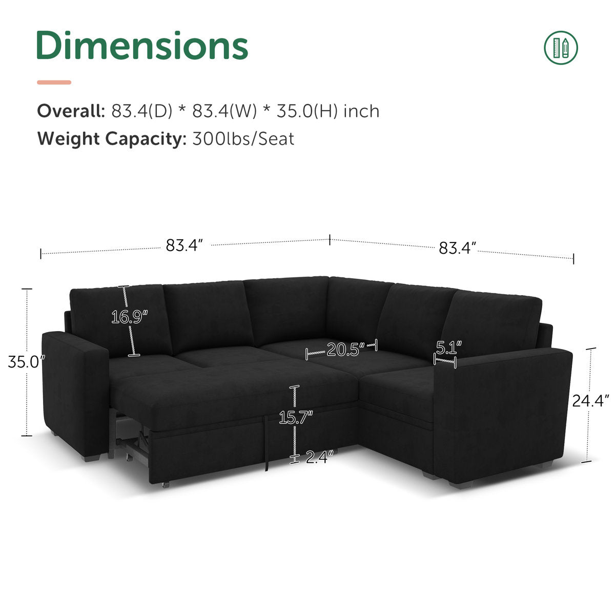 Niyona Modular Sleeper Sectional L Shaped Couch Sofa Bed With Storage Seat