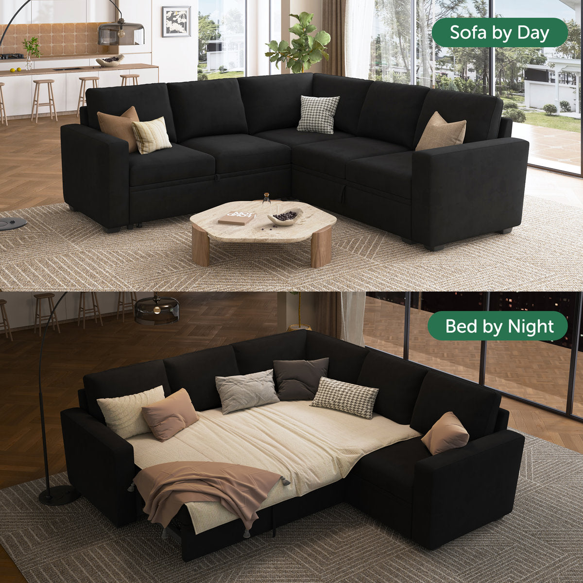 Niyona Modular Sleeper Sectional L Shaped Couch Sofa Bed With Storage Seat