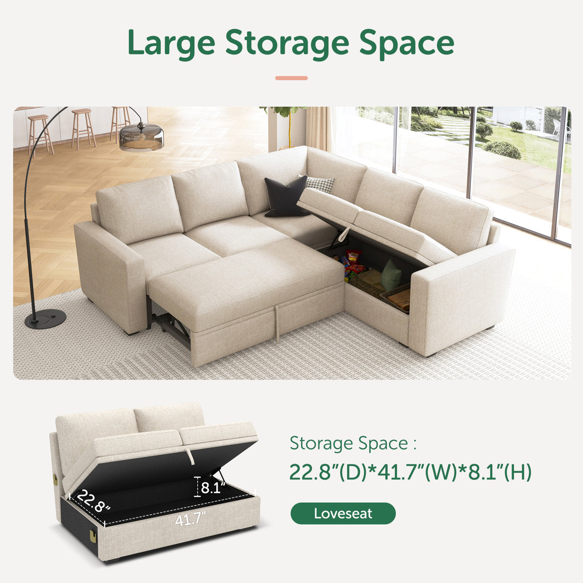 Niyona Modular Sleeper Sectional L Shaped Couch Sofa Bed With Storage Seat