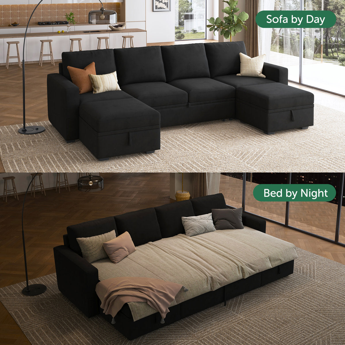 Niyona U Shaped Sleeper Pull Out Couch Storage Sectional Sofa
