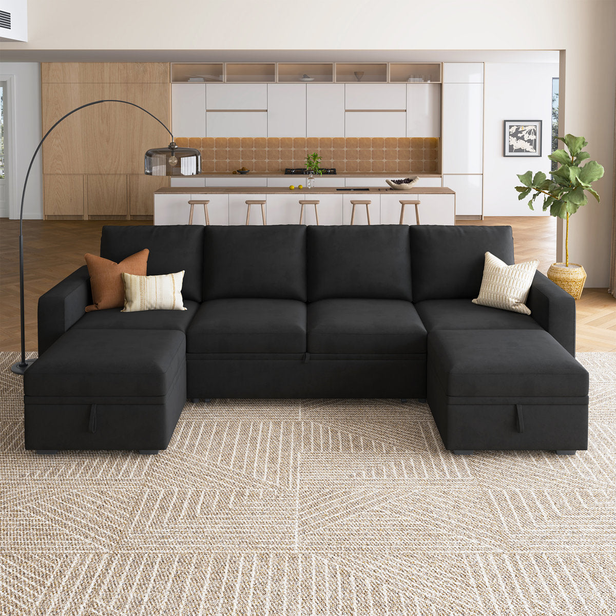 Niyona U Shaped Sleeper Pull Out Couch Storage Sectional Sofa